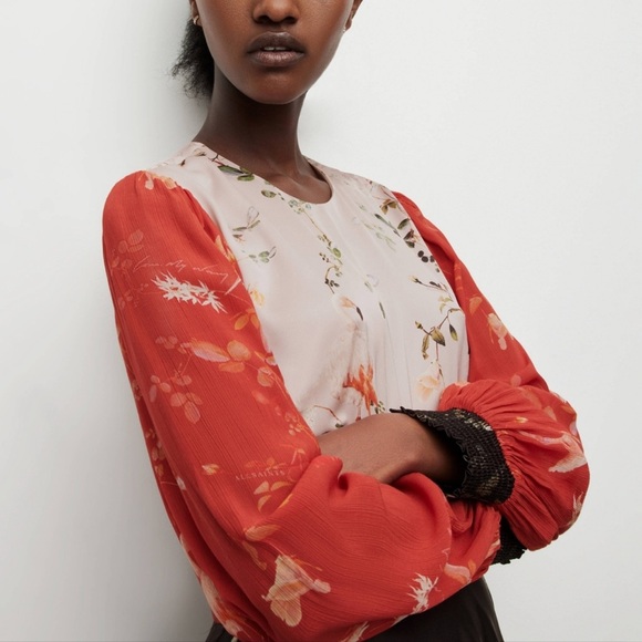 AllSaints Norah Fabia Long Sleeve Handkerchief Hem Midi Dress - Picture 4 of 9